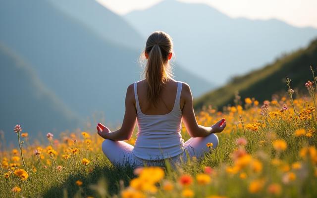 Frau meditiert im Yogapose auf einer Bergwiese bei Sonnenaufgang, umgeben von Wildblumen